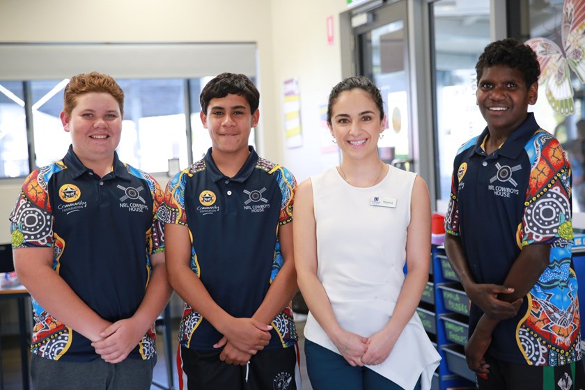Improved digital literacy! House Brothers meet Stockland Townsville representative Yianna at NRL Cowboys House.