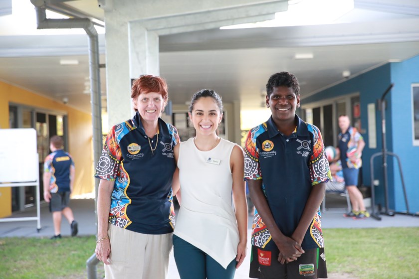 Saying thanks! NRL Cowboys House Education Manager Mary, with Stockland Townsville representative Yianna, and House Brother Palmer.