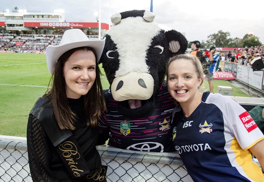 From left: Danielle and Claire celebrating a hen's party during Cowboys v Knights. 