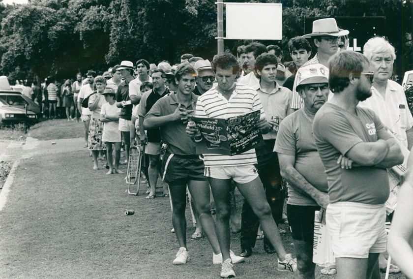 The lineup out the front of Townsville Sports Reserve before the Parramatta Eels' Panasonic Cup quarter-final clash with the Brisbane Broncos in 1989.