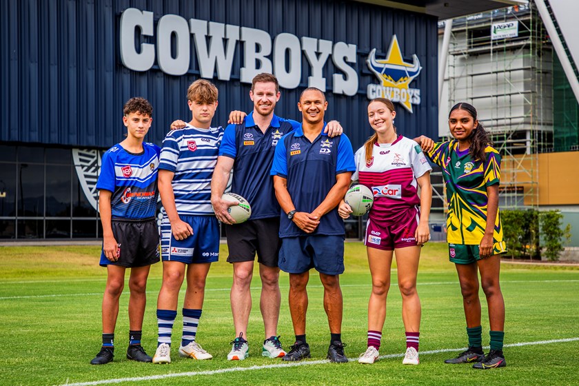 L-R: Chace Kennedy (Western Lions), Blaize Goodwin (Townsville Brothers), Michael Morgan, Ray Thompson, Ava Wagner (South RLFC), Aleeah Michael (Upper Ross Rams)