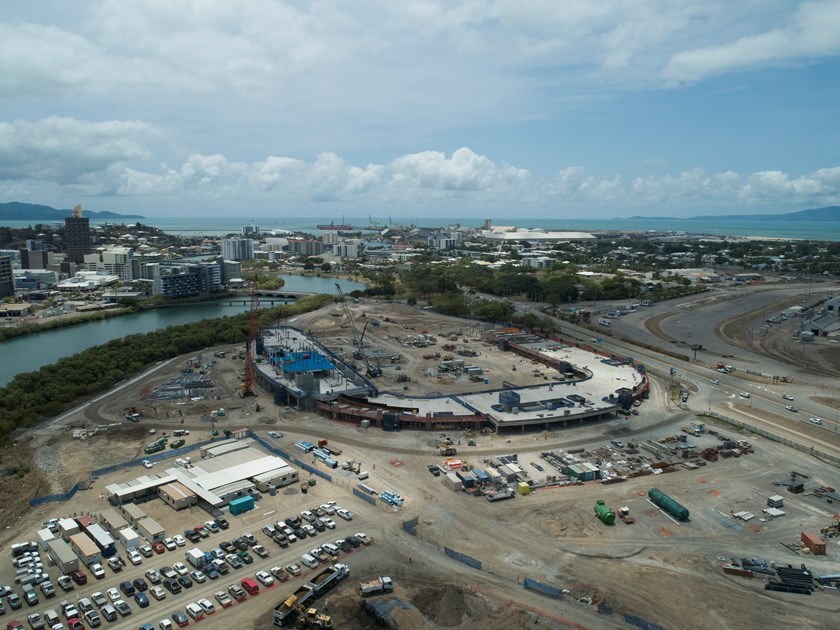 North Queensland Stadium project site looking north across city (image taken by drone 12 October 2018) © Queensland Department of Housing and Public Works